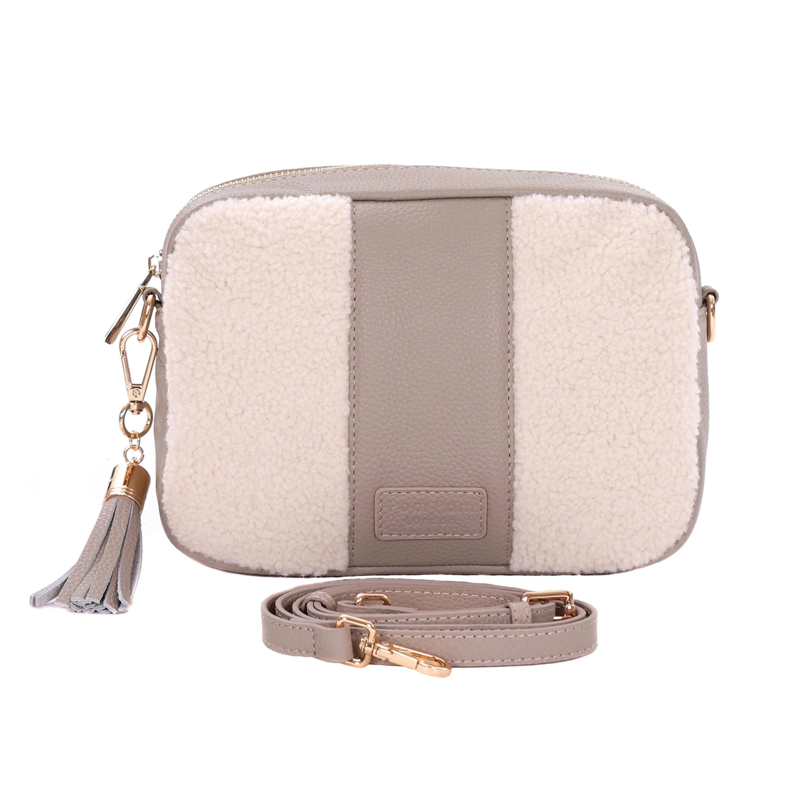 city faux fleece & leather bag stone